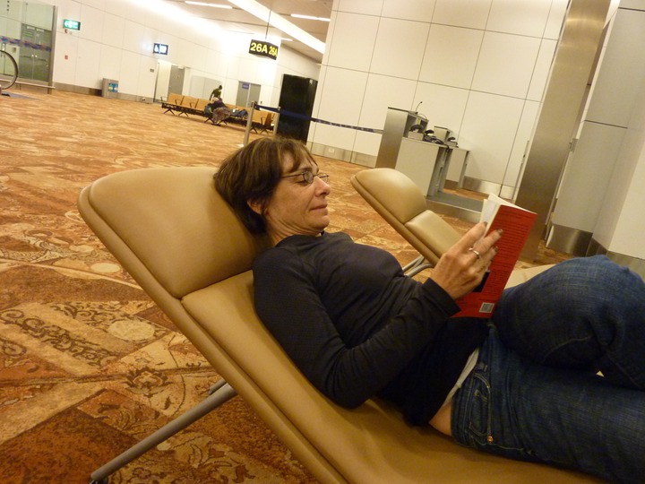 6 hours until our flight, Laura relaxes